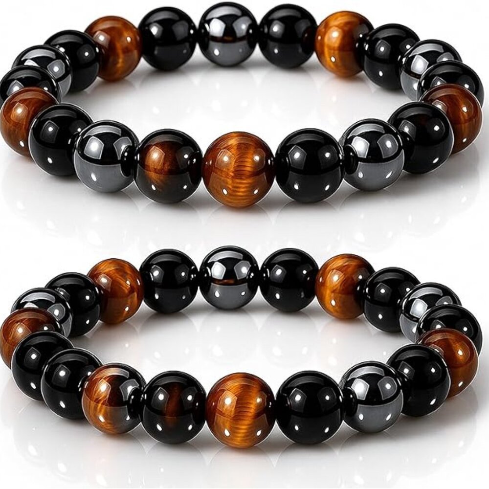 Black Obsidian Hematite Triple Protection Bracelets Set (2 piece)